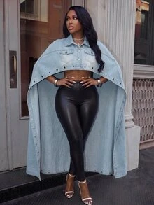Slaydiva ملابس علوية جينز نسائية عصرية متعددة الاستخدامات مزينة بحلقات معدنية - الأسود - مشاهدة 4