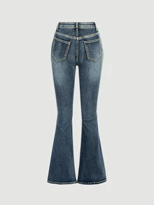 SHEIN Girlism 青少年女孩街頭時尚鈕扣口袋喇叭牛仔褲 - 深色水洗藍 - 查看 2