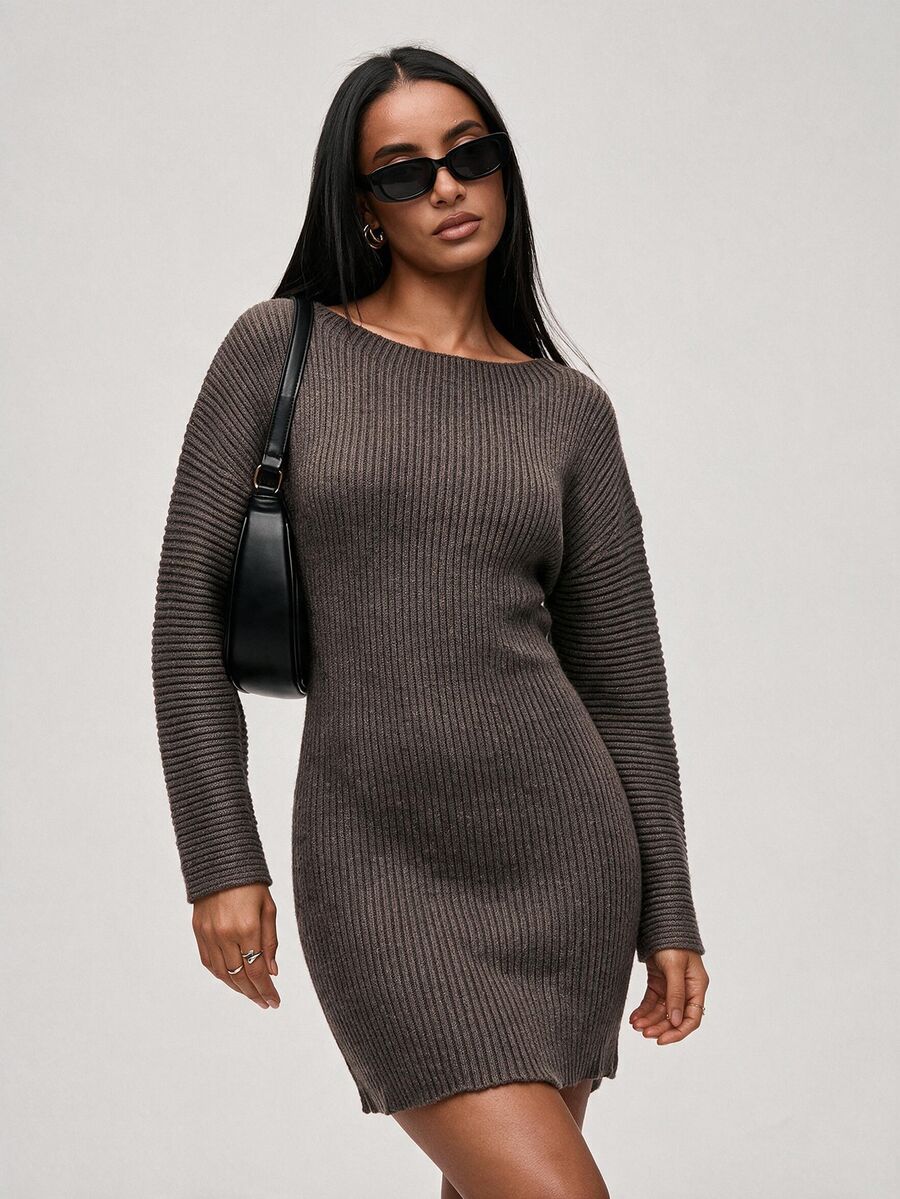 SHEIN BASICS Women's Solid Color Boat Neck Drop Shoulder Long Sleeve Slim Fit Knit Dress - Coffee Brown - View 1