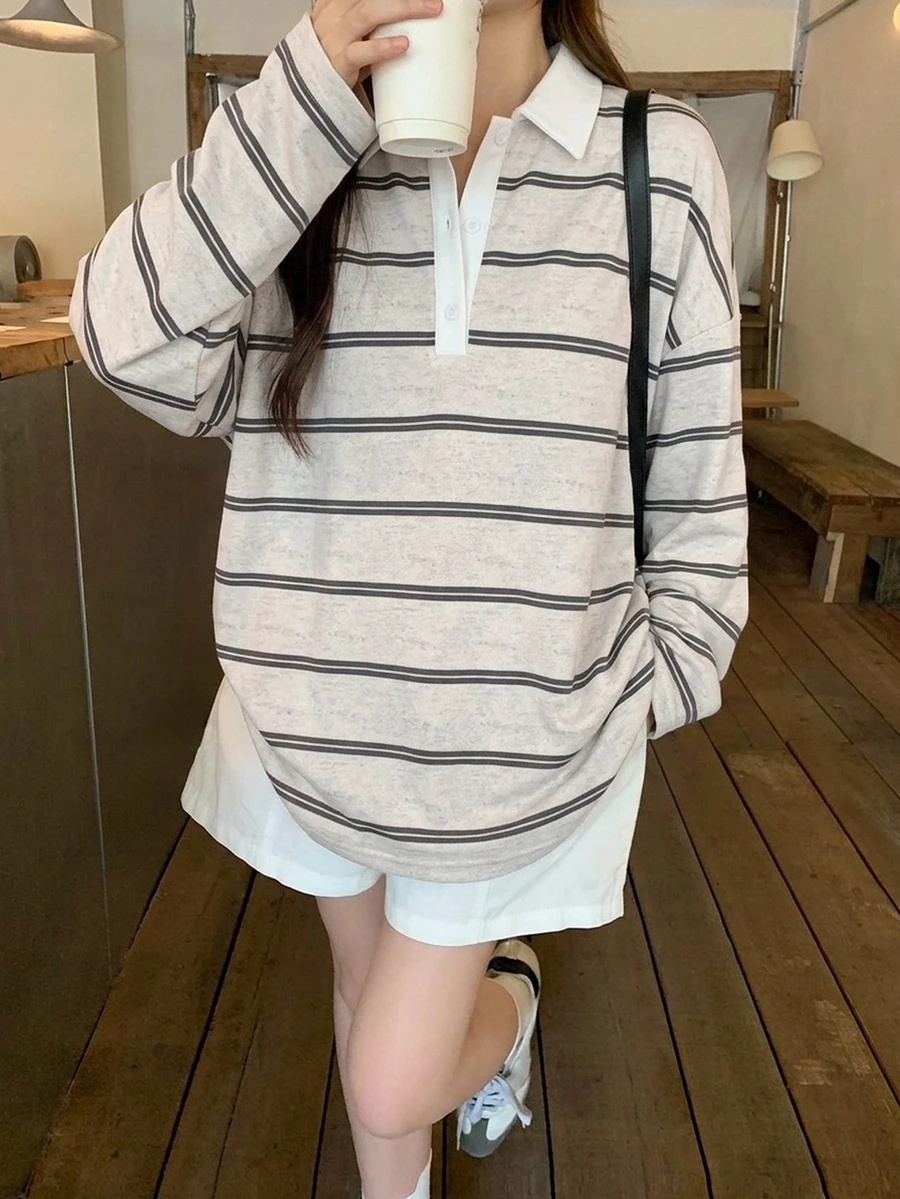 DAZY 女款休閒寬鬆拼色條紋長袖T恤上衣，春秋季女裝 - 灰色 - 查看 1