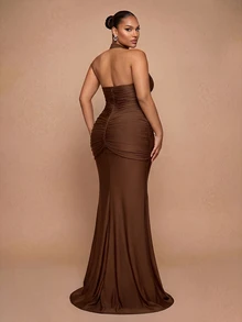Glamrae Gaun Mermaid Tanpa Tali Leher V Dalam Seksi Elegan Romantis Ukuran Plus Warna Cokelat dengan Kain Rajut Elastis, Rumbai Berkerut, Hem Mermaid Pas Badan dengan Ekor, Cocok untuk Pernikahan, Pesta, Pesta Lajang, Liburan, Pesta Dansa, Gala Malam - Coklat - View 2