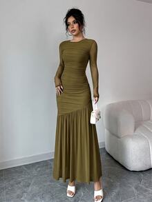 Firerie Women's Elegant Sexy Sage Green Long Sleeve Round Neck Maxi Dress,Summer Party Evening Gown,Autumn Casual Pastel Dress,Back To School Teacher Outfit - Army Green - View 6