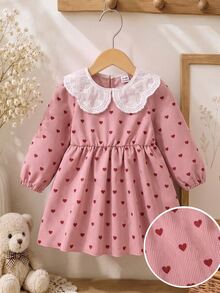 SHEIN Gaun Kasual Musim Panas Sehari-hari Berlipit Motif Hati untuk Bayi Perempuan - Berwarna merah muda - View 6