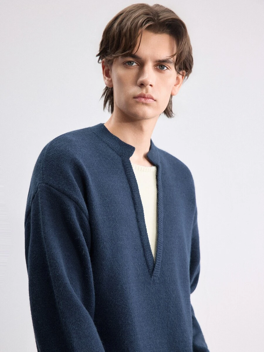 RONVEXI Men's Ribbed Knit Long Sleeve Casual Sweater Preppy Casual Autumn Top, Suitable For Daily Wear, Leisure, Vacation, - Navy Blue - View 1