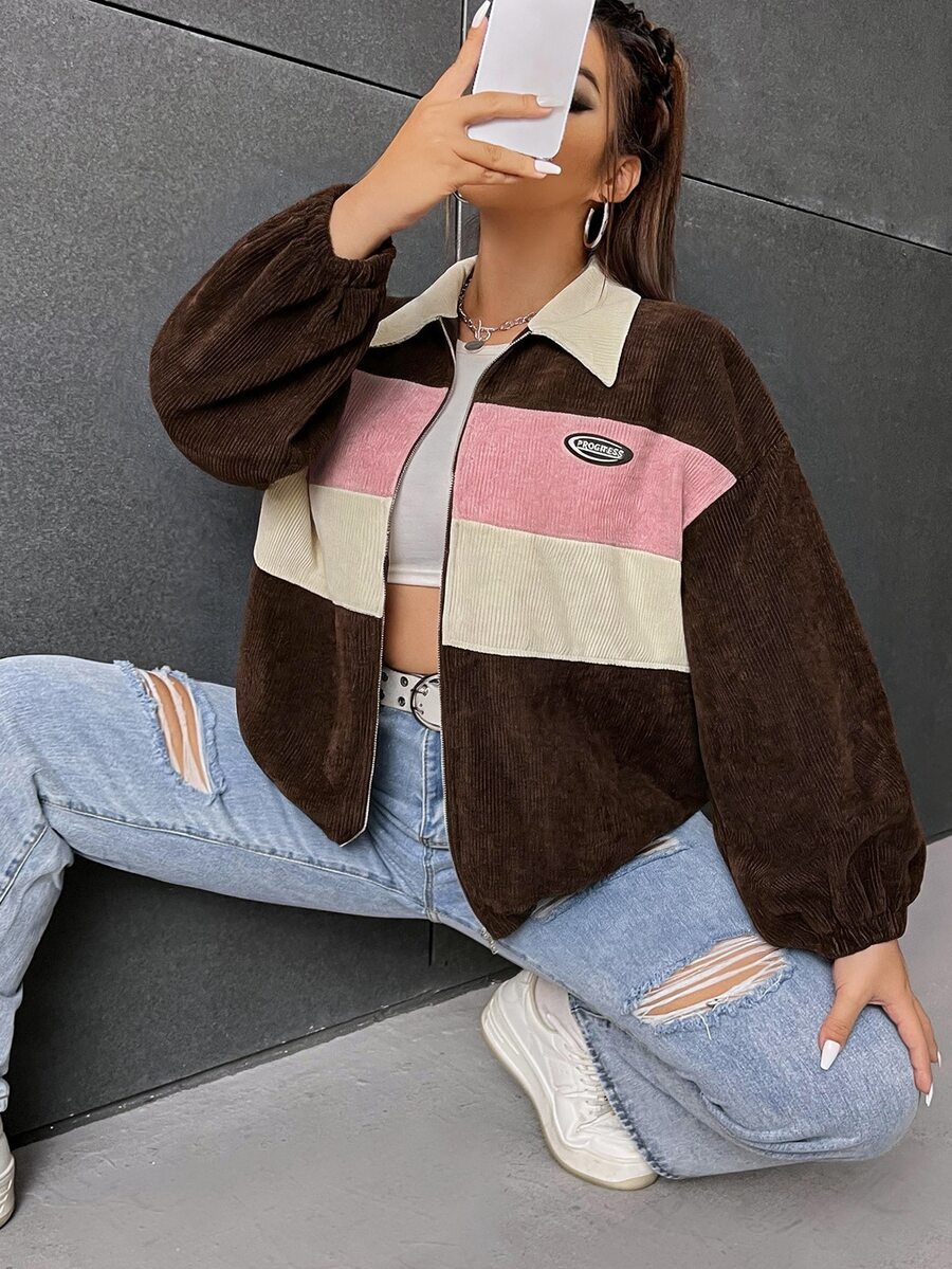 SHEIN EZwear Plus Size Color Block Zip-Up Jacket, Autumn/Winter Color Block Jacket Women Jacket Corduroy Jacket Cropped Jacket Y2k Jacket - Brown - View 1