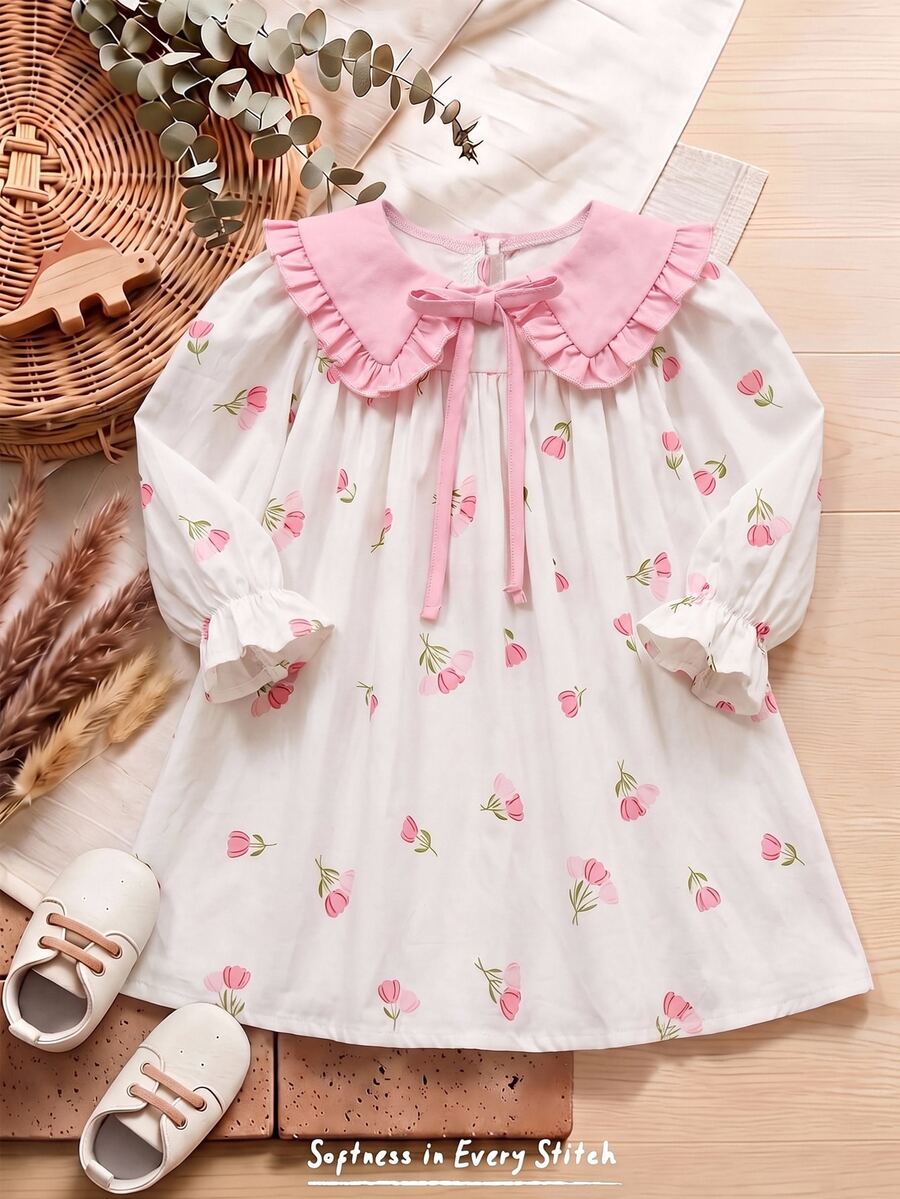 SHEIN LMoss Kids 女嬰女童可愛度假休閒圖案蝴蝶結長袖寬鬆洋裝,秋季花卉洋裝,粉色彼得潘領 - 彩色 - 查看 1