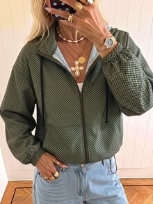 SHEIN EZwear Plus Size Women's Plaid Pattern Zip-Up Drawstring Hooded Jacket - Army Green - View 1