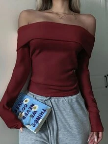 SHEIN EZwear 女款粉色針織露肩修身T恤 - 酒紅色 - 查看 6