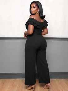 Slaydiva Plus Size Off Shoulder Ruffle Jumpsuit, High Waist Wide Leg Long Pants With Belt, Curvy Formal Party Outfit - Black - View 3