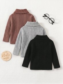 Cozy Pixies 男嬰中性款純色保暖內裡刷毛加厚高彈力針織軟領長袖套頭上衣 3件組，適合冬季 - 彩色 - 查看 2