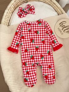 SHEIN Newborn Baby Cute Knitted Casual Cartoon Pattern Romper & Headband Set - Red and White - View 2