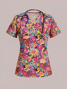 PopScrub Fun Abstract Floral Small Print Premium Women's Scrub Uniform Top - Multicolor - View 1
