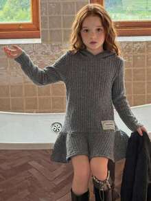 Hapijoa Young Girl) Grey Hooded Long Sleeve Knit Casual Dress - Dark Grey - View 6