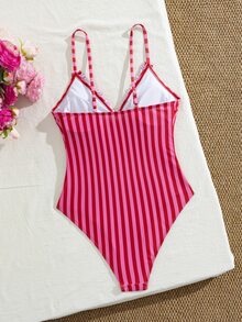 Swim Mod 女款復古細肩帶深V領荷葉邊蕾絲繫帶蝴蝶結＋直條紋印花連身泳衣，適合海灘、海邊、派對 - 彩色 - 查看 2