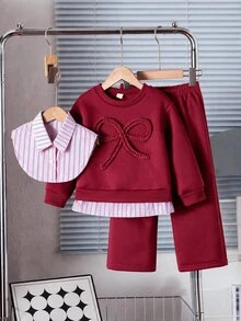 Genkimix Kids 女童蝴蝶結刺繡 2 件套海軍藍假分層條紋領長袖運動衫與寬腿長褲套裝，開學休閒穿搭 - 酒紅色 - 查看 3