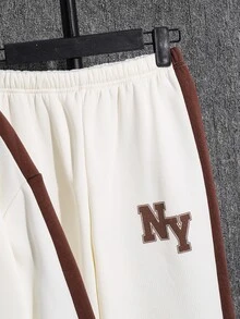 SHEIN 青少年男孩條紋拼接配色長袖衛衣與字母印花運動長褲套裝 - 彩色 - 查看 3