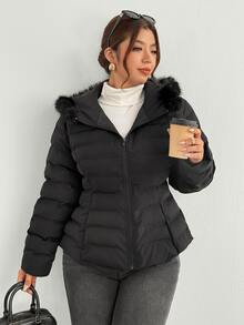 Firerie Plus Size Winter Faux Fur Hooded Jacket With Zipper And Cinching Waist - Black - View 1