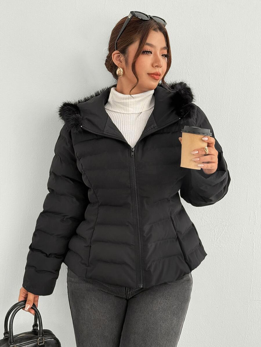 Firerie Plus Size Winter Faux Fur Hooded Jacket With Zipper And Cinching Waist - Black - View 1