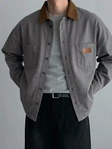 DAZY Spring/Autumn Men's Patchwork Collar Contrast Color Washed Distressed Denim Jacket - Grey - View 4