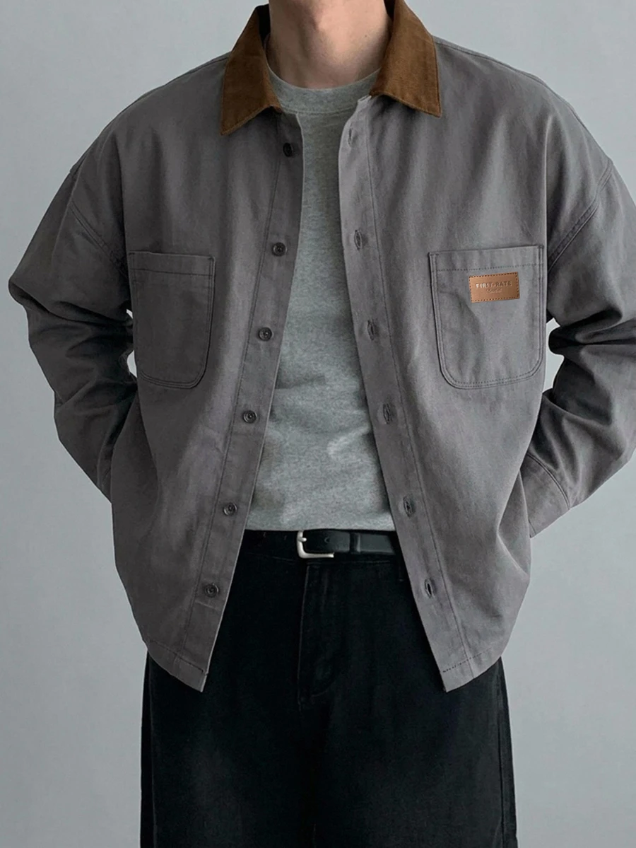 DAZY Spring/Autumn Men's Patchwork Collar Contrast Color Washed Distressed Denim Jacket - Grey - View 1