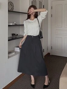 DAZY Women's Solid Color Casual Elegant Versatile Daily Skirt Work Business Dark Grey Fall - Grey - View 4