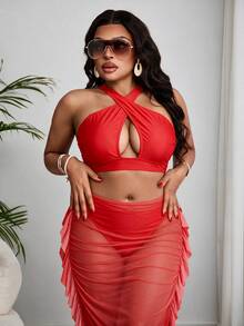 Slaydiva طقم ملابس سباحة بيكيني نسائي مقاس كبير للصيف والشاطئ، لون سادة، بقطعتين: توب هالتر مثير وسروال مثلث، مع تنورة - الأحمر - مشاهدة 2