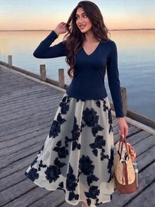 Modelyn Women's Elegant Autumn Solid Color V-Neck Long Sleeve Fitted Top & 3D Floral Mesh Midi Skirt 2 Pieces Set, Date & Commute Vibe - Navy Blue - View 4