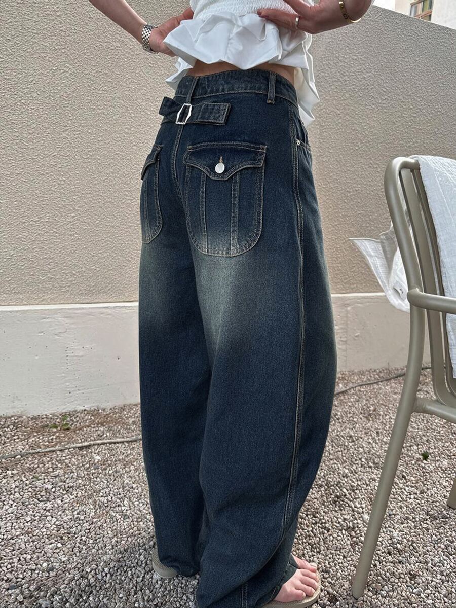 DAZY 女款破舊水洗褪色休閒街頭風韓式秋冬長牛仔褲 - 藍色 - 查看 1