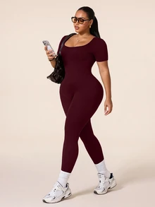 SHEIN Rhythm Era Women's Plus Size Seamless Ribbed Slim Fit Athletic Jumpsuit, Suitable For Workout, Yoga, Running - Burgundy - View 7