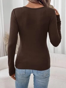 SHEIN LUNE 2件組保暖內裡基礎套頭T恤套裝，秋冬款，女款假日休閒黑白色 - 摩卡棕 - 查看 2