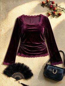 EastFlair Blus Elegan Berbahan Renda Patchwork Ukuran Plus - Burgundy - View 5