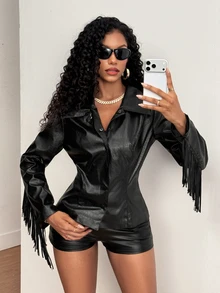 SHEIN BamGlam Women's Tassel Design Casual Versatile Everyday Long Sleeve Jacket - Black - View 7