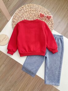 SHEIN 2件組可愛紅色針織花卉圖案女嬰運動衫與長褲套裝 - 紅色 - 查看 2