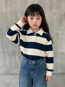 Dazy Kids (女童) 短袖紋理鏤空設計領口T恤 - 藏蓝色 - 查看 3