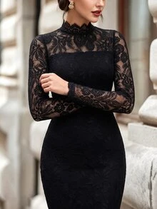 Velvienne Plus Size Lady's Lace-Wrapped Waist Slimming Autumn Short Dress - Black - View 8