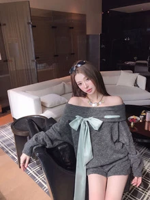 DAZY Grey Slouchy Sweet Off-Shoulder Bow Ribbon Elastic Knit Top - Grey - View 1