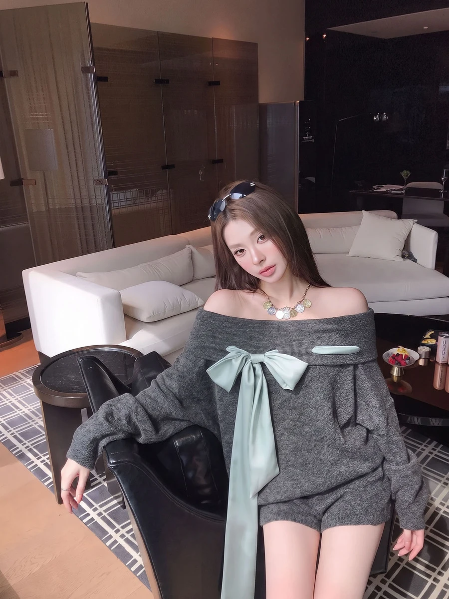 DAZY Grey Slouchy Sweet Off-Shoulder Bow Ribbon Elastic Knit Top - Grey - View 1