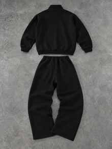 SHEIN 2件組 男士青少年休閒街頭風 白色條紋解構設計立領拉鍊夾克與寬鬆直筒運動長褲套裝，適合休閒酷帥街頭造型，適合多季節穿著 - 黑色 - 查看 2