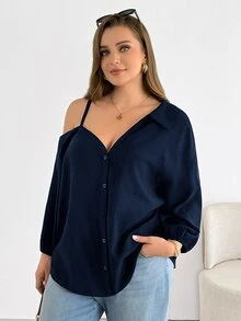 Shapeblank 大尺碼女款黑色鈕扣襯衫，秋季休閒正式辦公室上衣，春夏優雅露肩寬鬆百搭日常基礎上衣 - 藏蓝色 - 查看 3