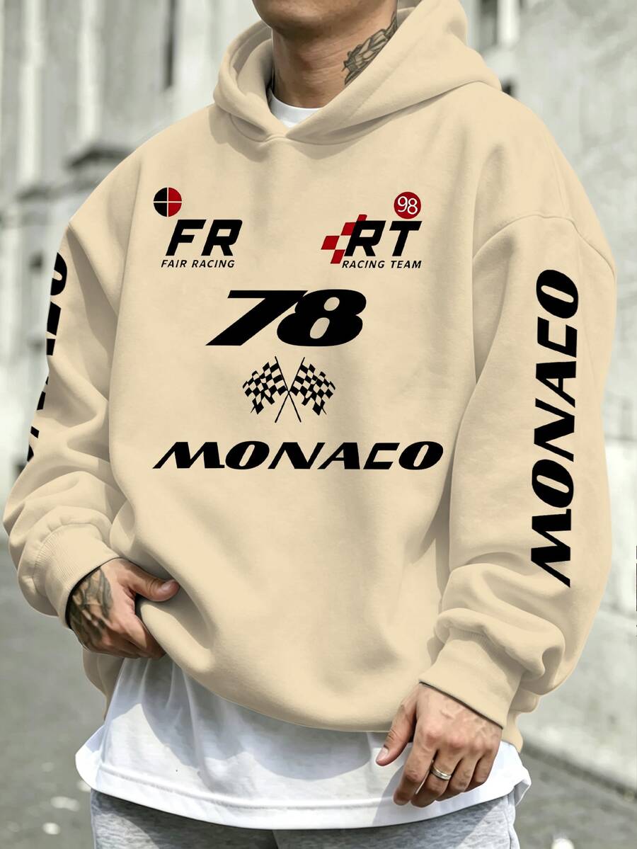 HypeHours 男士大尺碼杏色賽車圖案連帽衛衣，適合日常穿著與聚會 - 杏色 - 查看 1