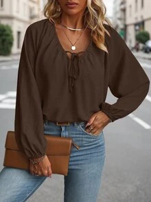 SHEIN Clasi قميص نسائي مقاس كبير بلون موحد كاجوال متعدد الاستخدامات للارتداء اليومي - شوكولاته بني - مشاهدة 5