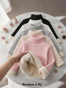 SHEIN 女童隨機 2 件組 羅紋針織高領毛衣 冬季返校長袖套頭上衣 - 彩色 - 查看 1