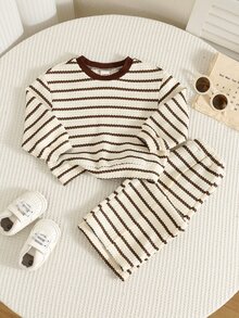 2pcs Baby Girl Textured Striped Knit Soft Crew Neck Long Sleeve Drop Shoulder Pullover Sweatshirt Elastic Waist Long Pants Autumn/Winter Two Pieces Set - Multicolor - View 4