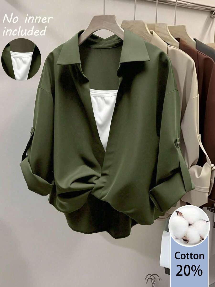 INAWLY Áo sơ mi nữ cổ bẻ tay bo thiết kế phân tầng phong cách thường ngày - xanh quân đội - Xem 1