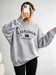 Elenzga Büyük Beden Günlük Şık Bisiklet Yaka Uzun Kollu Sweatshirt, Tatil Havası, Sonbahar/Kış Parti ve Ev Giyimi, Gri