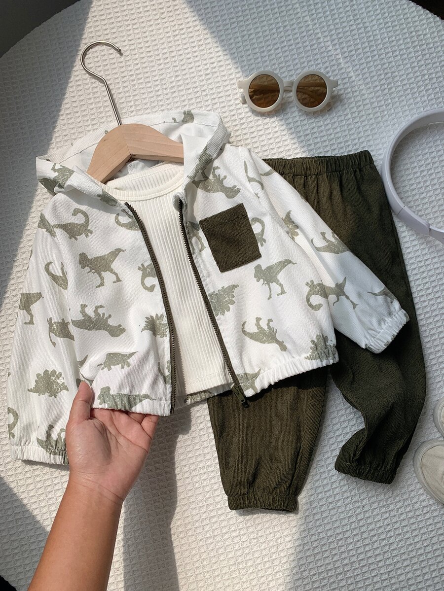 SHEIN 2件組嬰兒男童女童秋冬套裝 卡通恐龍圖案拼色口袋連帽長袖燈芯絨外套搭配鬆緊腰長褲 - 彩色 - 查看 1