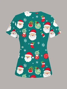 PopScrub Fun Christmas Snowflake Gift Socks Santa Claus Christmas Hat Women's Scrub Uniform Top - Multicolor - View 2