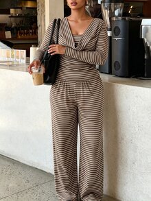 Easura Plus Size Women's Autumn/Winter Cowl Neck Ruched Waist Striped Knit Fabric Casual Commuter Outfit - Multicolor - View 6