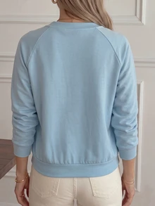 Cévolie Women's Loose Solid Color Raglan Sleeve Half-Open Neckline Crew Neck Sweatshirt, French Casual Loose Minimalist Sweatshirt, Suitable For Daily Wear, Home, Walking And Other Occasions - Blue - View 2