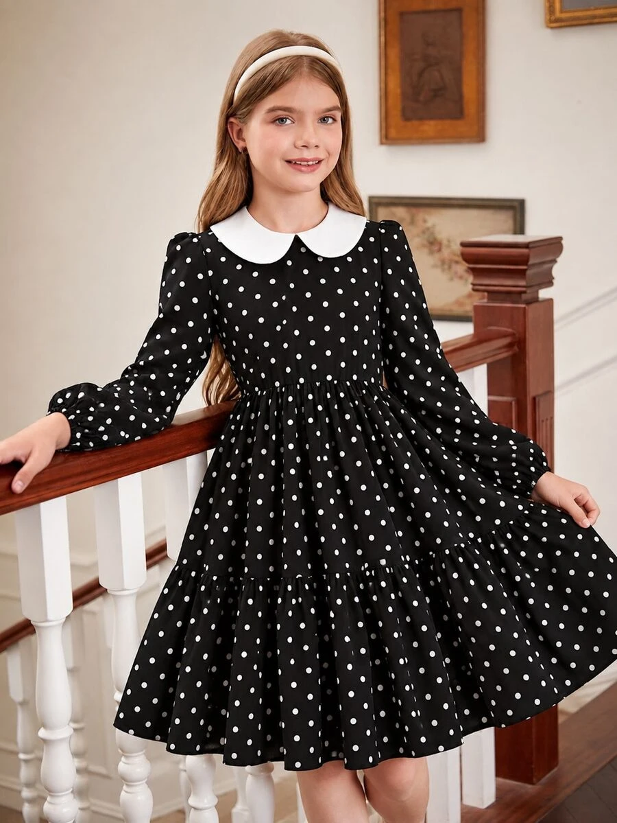 SHEIN Tween Girl Floral Long Sleeve Girls Clothes 8 To 12 Years Halloween Outfit Fall Style US Fall Style - Black - View 1